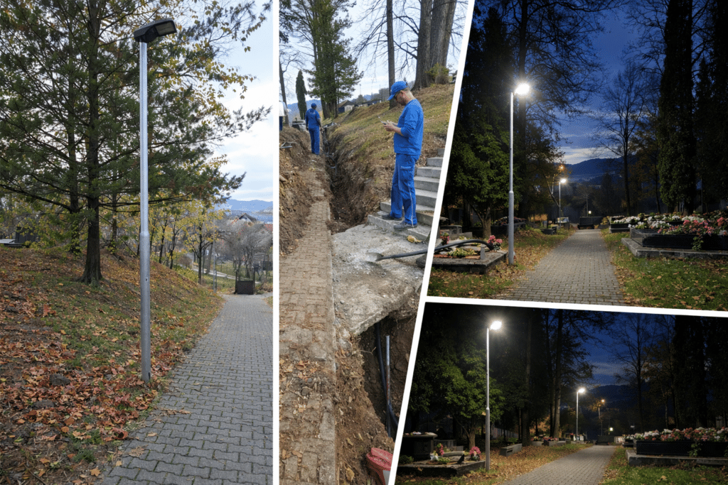 Koláž troch fotografií z realizácie verejného osvetlenia v obci Ďurčiná – nový stožiar pri chodníku, výkopové práce s uložením káblového vedenia a večerný pohľad na osvetlený cintorín.